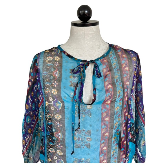 MYNE Ashley Ann Silk Sheer Boho Blouse Floral 3/4 Sleeve Ties at Neck Size 2 - Picture 2 of 13
